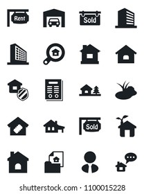 Set of vector isolated black icon - office building vector, house, pond, contract, with garage, tree, estate document, rent, sold signboard, search, agent, smart home, insurance, eco, message