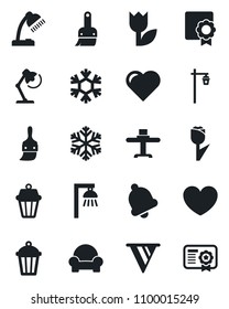 Set of vector isolated black icon - garden light vector, heart, tulip, themes, bell, sertificate, desk lamp, cushioned furniture, restaurant table, snowflake, outdoor, pennon, certificate