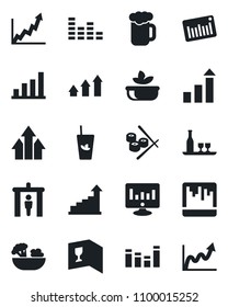 Set of vector isolated black icon - security gate vector, growth statistic, monitor, barcode, equalizer, scanner, bar graph, alcohol, wine card, phyto, beer, salad, sushi, arrow up