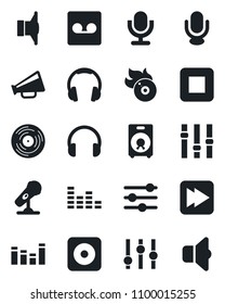 Set of vector isolated black icon - vinyl vector, flame disk, microphone, speaker, loudspeaker, settings, equalizer, headphones, stop button, fast forward, rec, tuning, record, sound