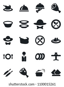 Set of vector isolated black icon - spoon and fork vector, waiter, dish, restaurant table, serviette, cafe, plates, dress code, chicken, kebab, ham, bowl, steaming pan