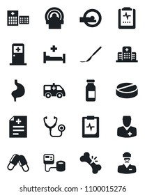 Set of vector isolated black icon - medical room vector, diagnosis, stethoscope, blood pressure, pills, ampoule, scalpel, tomography, ambulance car, hospital bed, stomach, broken bone, doctor