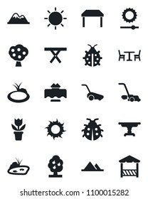 Set of vector isolated black icon - cafe vector, flower in pot, lawn mower, lady bug, sun, pond, picnic table, brightness, fruit tree, mountains, restaurant, alcove