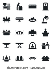 Set of vector isolated black icon - cafe vector, baby room, reception, medical, desk, meeting, picnic table, manager, lamp, restaurant, serviette, reserved, salt and pepper