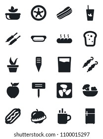 Set of vector isolated black icon - hot cup vector, seedling, plant label, diet, drink, phyto bar, salad, bacon, bread, kebab, dog, apple fruit, fan, fridge