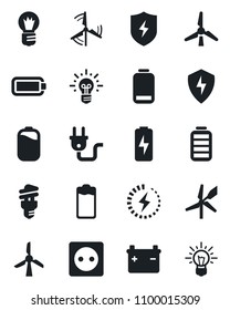 Set of vector isolated black icon - bulb vector, battery, low, protect, charge, windmill, socket, power plug, energy saving, idea