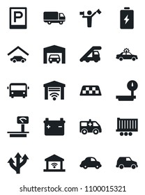 Set of vector isolated black icon - dispatcher vector, taxi, airport bus, parking, alarm car, ladder, ambulance, route, truck trailer, delivery, heavy scales, garage, gate control, battery
