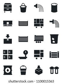 Set of vector isolated black icon - trash bin vector, checkroom, bucket, watering, truck trailer, cargo container, consolidated, package, oil barrel, heavy scales, railroad, archive box