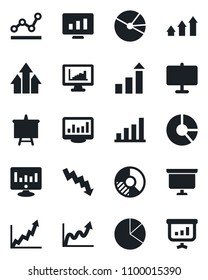 Set of vector isolated black icon - growth statistic vector, presentation board, crisis graph, monitor, circle chart, statistics, bar, pie, point, arrow up