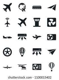 Set of vector isolated black icon - plane vector, airport tower, radar, helicopter, globe, air conditioner, fan, paper, balloon