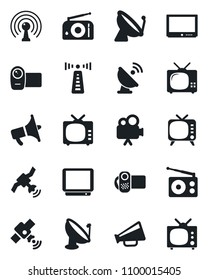 Set of vector isolated black icon - antenna vector, satellite, radio, loudspeaker, tv, video camera