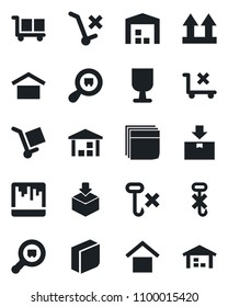 Set of vector isolated black icon - fragile vector, cargo, warehouse storage, up side sign, no trolley, hook, package, search, scanner, blank box