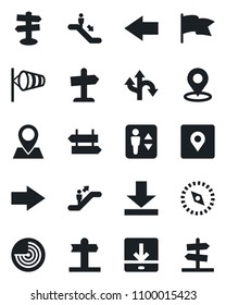 Set of vector isolated black icon - elevator vector, escalator, signpost, right arrow, left, wind, radar, route, pin, download, place tag, compass, flag, guidepost