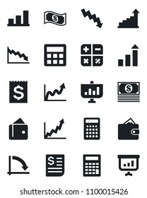 Set of vector isolated black icon - growth statistic vector, calculator, crisis graph, receipt, bar, wallet, cash, presentation