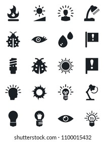 Set of vector isolated black icon - sun vector, bulb, lady bug, fire, eye, important flag, brightness, desk lamp, water, energy saving, shining head, idea