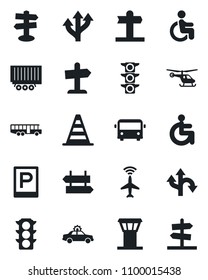 Set of vector isolated black icon - airport tower vector, plane radar, bus, parking, signpost, alarm car, border cone, helicopter, disabled, route, traffic light, truck trailer, guidepost