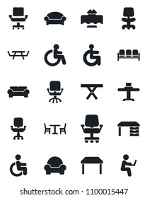 Set of vector isolated black icon - cafe vector, waiting area, disabled, office chair, desk, picnic table, cushioned furniture, restaurant, man with notebook