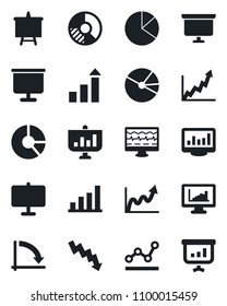 Set of vector isolated black icon - growth statistic vector, presentation board, crisis graph, circle chart, monitor pulse, statistics, bar, pie, point