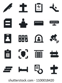 Set of vector isolated black icon - escalator vector, signpost, reception, flight table, pen, document, reload, pulse clipboard, satellite, face id, identity card, paper binder, tray, bedroom