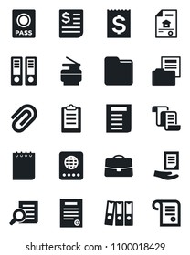 Set of vector isolated black icon - passport vector, contract, office binder, document search, notepad, receipt, folder, clipboard, case, paper clip, copier, estate