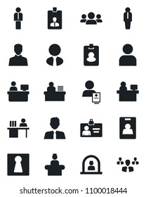 Set of vector isolated black icon - female vector, reception, manager, identity card, place, patient, user, desk, estate agent, pass, group