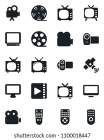 Set of vector isolated black icon - tv vector, reel, satellite, video camera, remote control, monitor