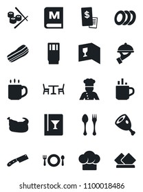 Set of vector isolated black icon - hot cup vector, spoon and fork, cafe, coffee, cook, hat, wine card, menu, drink, plates, bacon, waiter, restaurant receipt, chicken, ham, knife, sushi, serviette