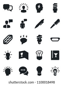 Set of vector isolated black icon - speaking man vector, pen, brainstorm, bulb, dialog, wine card, hot dog, energy saving, shining head, idea