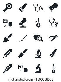 Set of vector isolated black icon - trowel vector, pruner, saw, stethoscope, blood pressure, thermometer, heart diagnostic, microscope, scalpel, microphone