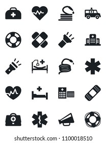 Set of vector isolated black icon - hose vector, heart pulse, doctor case, patch, ambulance star, car, hospital bed, loudspeaker, torch, crisis management