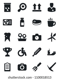 Set of vector isolated black icon - disabled vector, camera, garden fork, seeds, thermometer, ampoule, caries, doctor, sea shipping, up side sign, search cargo, clipboard, flower in pot, coffee