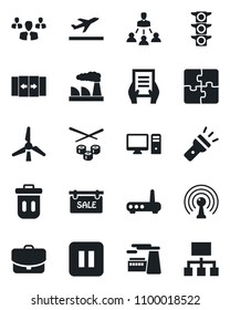 Set of vector isolated black icon - departure vector, automatic door, document, factory, traffic light, antenna, pause button, torch, application, hierarchy, windmill, sale, sushi, router, pc, group