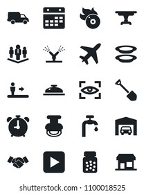 Set of vector isolated black icon - plane vector, escalator, alarm clock, handshake, job, pills bottle, car delivery, flame disk, play button, calendar, stamp, company, water supply, garage, table