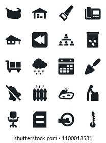 Set of vector isolated black icon - baby room vector, document, trowel, saw, rain, seeds, tomography, cargo, rewind, calendar, mute, office chair, hierarchy, house with garage, pond, warehouse