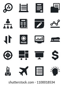 Set of vector isolated black icon - plane vector, passport, hierarchy, dollar sign, presentation board, office phone, consolidated cargo, folder document, notes, data exchange, monitor statistics
