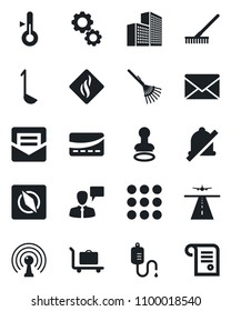 Set of vector isolated black icon - runway vector, baggage trolley, stamp, speaking man, mail, rake, dropper, antenna, menu, mute, compass, office building, credit card, ladle, smoke detector, gear