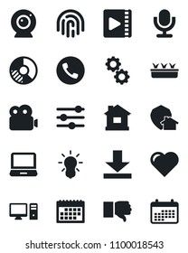 Set of vector isolated black icon - phone vector, circle chart, house, seedling, heart, microphone, laptop pc, finger down, tuning, download, fingerprint id, video, calendar, web camera, gear, bulb
