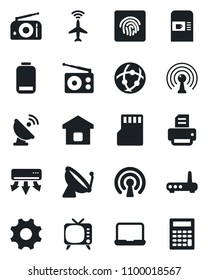 Set of vector isolated black icon - plane radar vector, satellite antenna, coffee machine, printer, radio, tv, low battery, settings, sd, network, fingerprint id, notebook pc, smart home, wireless