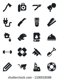 Set of vector isolated black icon - pencil vector, shovel, wheelbarrow, pruner, glove, garden knife, axe, patch, barbell, camera, microphone, remote control, radio phone, stapler, dish, rolling pin