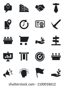 Set of vector isolated black icon - meeting vector, mobile tracking, office building, target, palm sproute, shining head, handshake, clock, pennon, cart, flag, certificate, advertising, presentation
