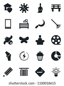 Set of vector isolated black icon - smoking place vector, reception, flight table, circle chart, rake, butterfly, sickle, bench, joint, virus, satellite, reel, mobile, themes, charge, pencil, idea