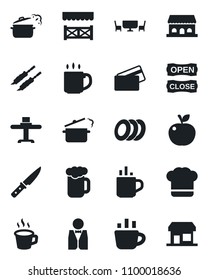 Set of vector isolated black icon - hot cup vector, coffee, waiter, restaurant table, cook hat, beer, plates, cafe building, open close, alcove, credit card, kebab, knife, steaming pan, apple fruit