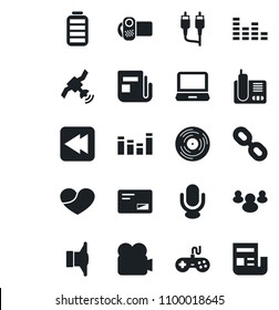 Set of vector isolated black icon - vinyl vector, satellite, news, speaker, gamepad, equalizer, video camera, microphone, laptop pc, radio phone, chain, group, heart, battery, mail, rewind, rca