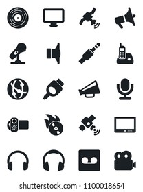 Set of vector isolated black icon - vinyl vector, flame disk, microphone, satellite, speaker, loudspeaker, tv, video camera, network, headphones, monitor, radio phone, hdmi, jack connector, record