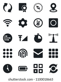 Set of vector isolated black icon - no mobile vector, antenna, menu, update, settings, clock, stopwatch, mail, record, network, wireless, place tag, compass, fingerprint id, cellular signal, battery