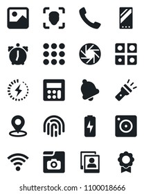 Set of vector isolated black icon - mobile vector, call, menu, camera, gallery, calculator, alarm, bell, wireless, torch, place tag, face id, fingerprint, photo, charge, application, sertificate