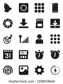 Set of vector isolated black icon - phone back vector, menu, mobile camera, gallery, settings, user, alarm, stopwatch, bell, record, sd, calendar, download, fingerprint id, music, cellular signal
