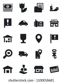 Set of vector isolated black icon - pin vector, important flag, store, cash, office phone, client, mobile tracking, sea shipping, car delivery, folder document, fragile, no hook, tulip, warehouse