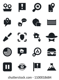 Set of vector isolated black icon - radar vector, trowel, important flag, mobile tracking, cargo container, search, pause button, face id, eye, flower in pot, dress code, hamburger, home control