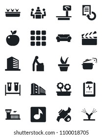Set of vector isolated black icon - baby room vector, airport building, office, document reload, seedling, blood test vial, pulse clipboard, satellite, heavy scales, clapboard, menu, music, meeting